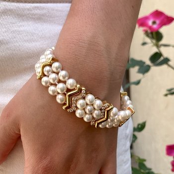 Pearl & Diamond Bracelet Signed "Mikimoto" 800-05189