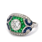 Moses Signature Art Deco Inspired Diamond, Emerald, & Blue Sapphire Ring 130-00154