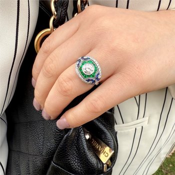 Art Deco Inspired Diamond, Emerald, & Blue Sapphire Ring 130-00154