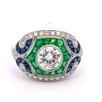 Moses Signature Art Deco Inspired Diamond, Emerald, & Blue Sapphire Ring 130-00154