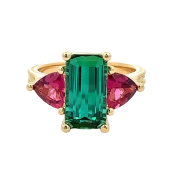 Teal Green Tourmaline & Rubellite Tourmaline Ring 200-07130