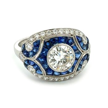 Art Deco Inspired Diamond & Blue Sapphire Ring 130-00151